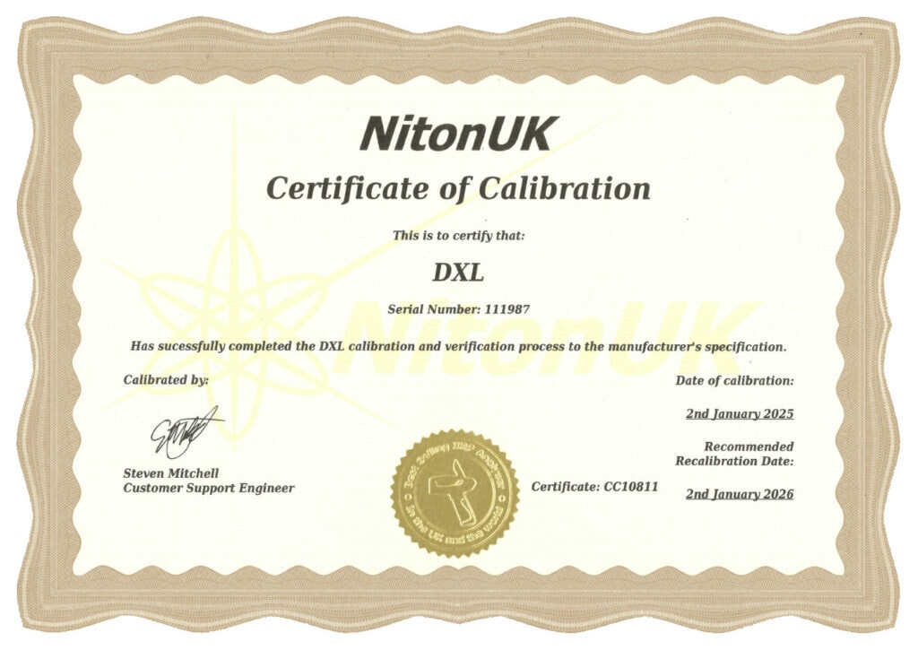 XRF Gold Analyser Calibration Certificate