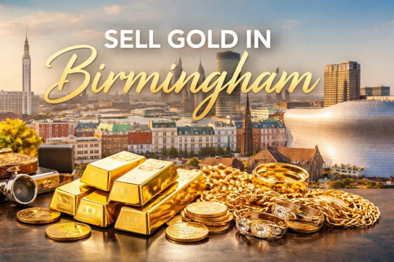 Sell gold in Birmingham — gold jewellery, coins and a bar against an illustrated Birmingham skyline