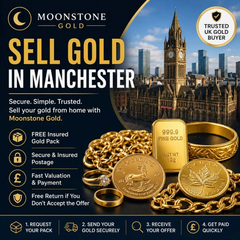 Sell gold in Manchester — Moonstone Gold postal service to sell gold in Manchester, illustrated with jewellery, coins and the city skyline