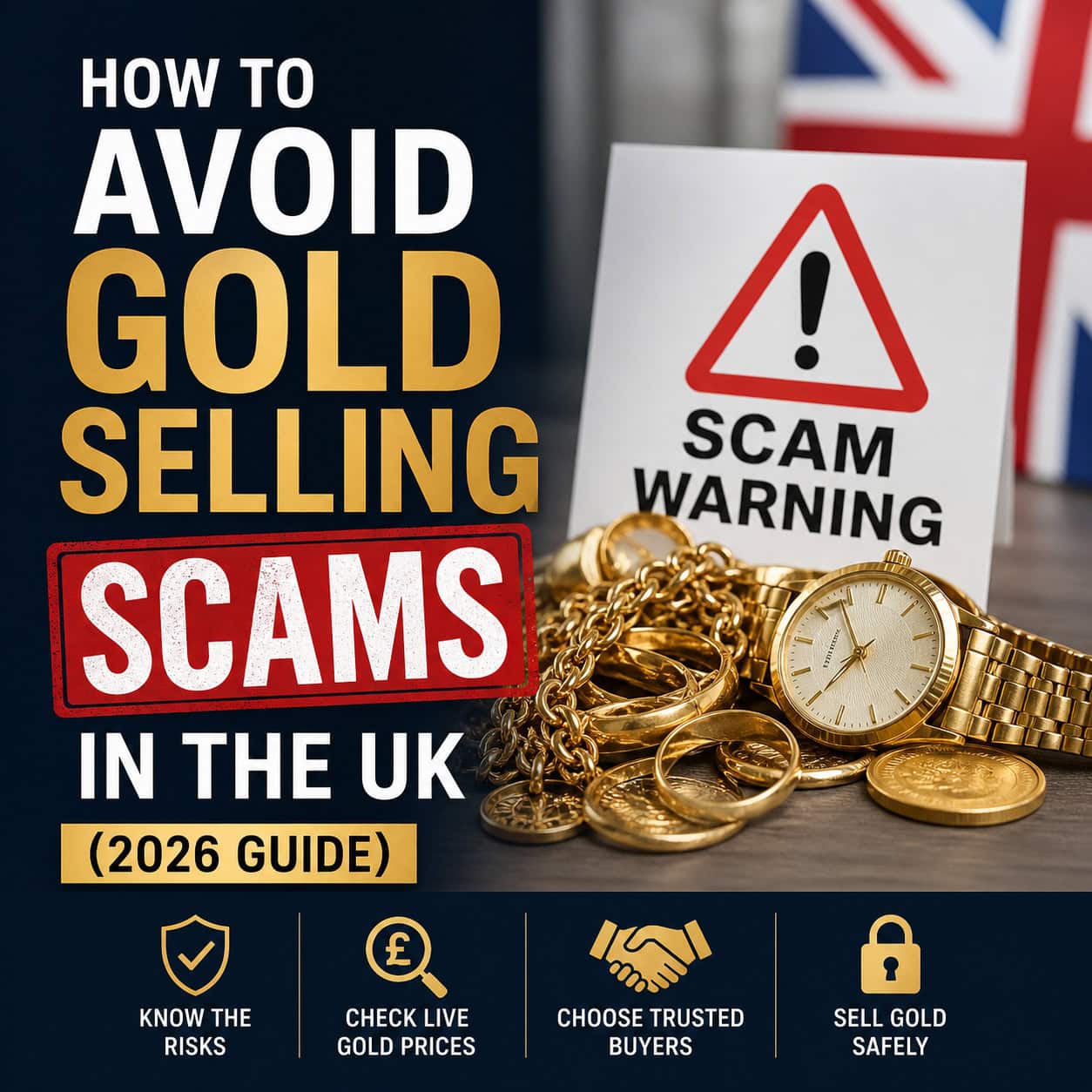 How to avoid gold selling scams in the UK with jewellery and scam warning sign.