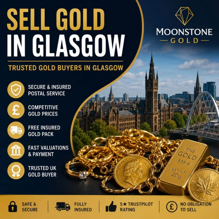 Sell gold in Glasgow — Moonstone Gold postal service to sell gold in Glasgow, illustrated with jewellery, coins and an illustrated city skyline