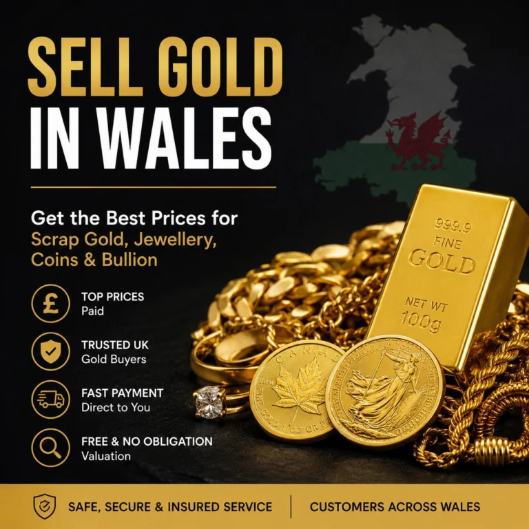 Sell gold in Wales — Moonstone Gold postal service to sell gold in Wales, illustrated with jewellery, coins and a map of Wales