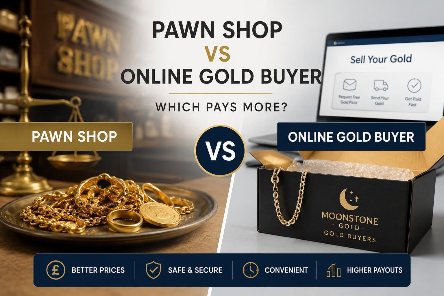 Pawn shop vs online gold buyer comparison showing gold jewellery, gold coins and a secure online gold selling service.