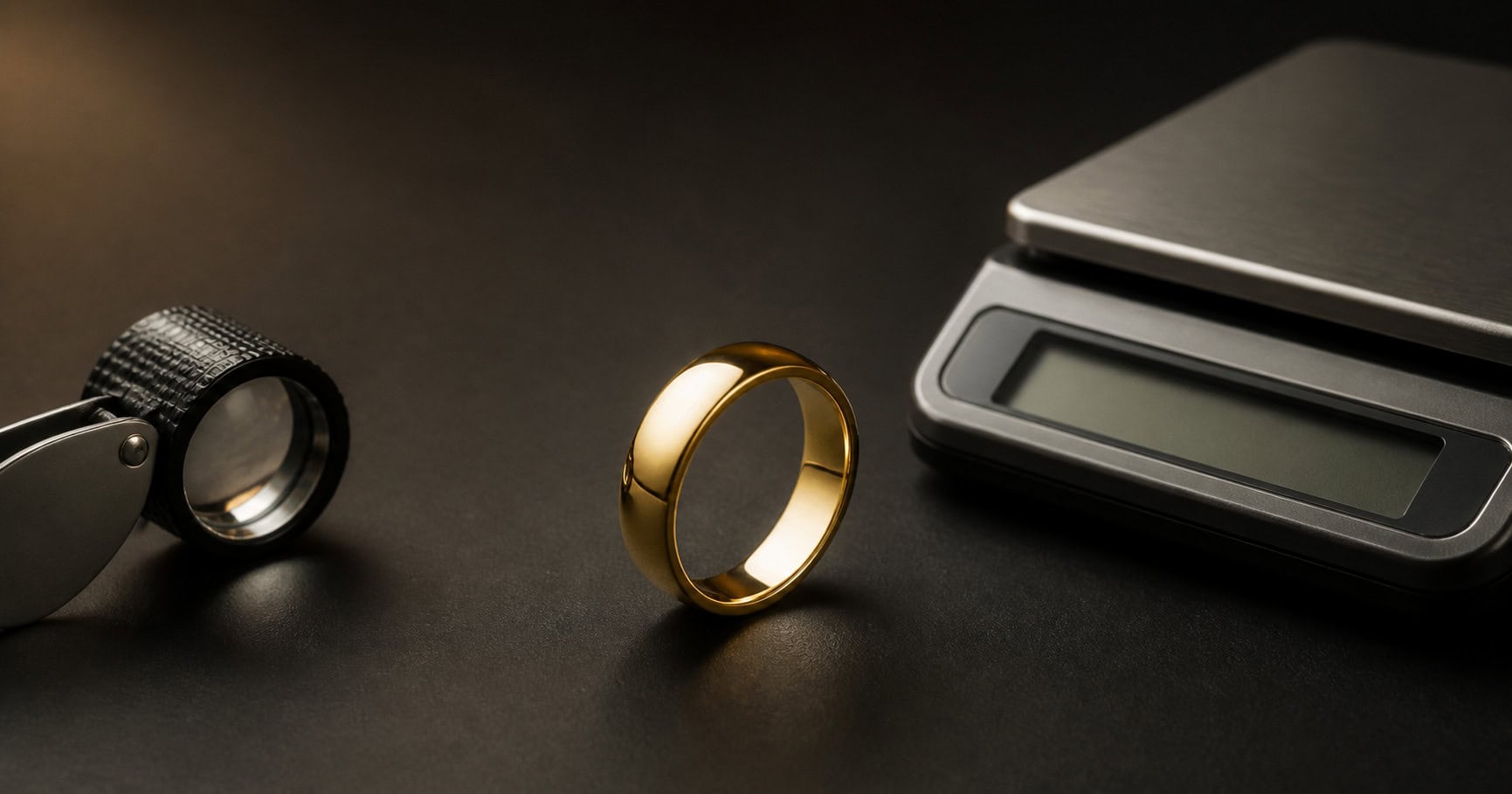 Gold ring beside a jeweller’s scale and loupe for valuation