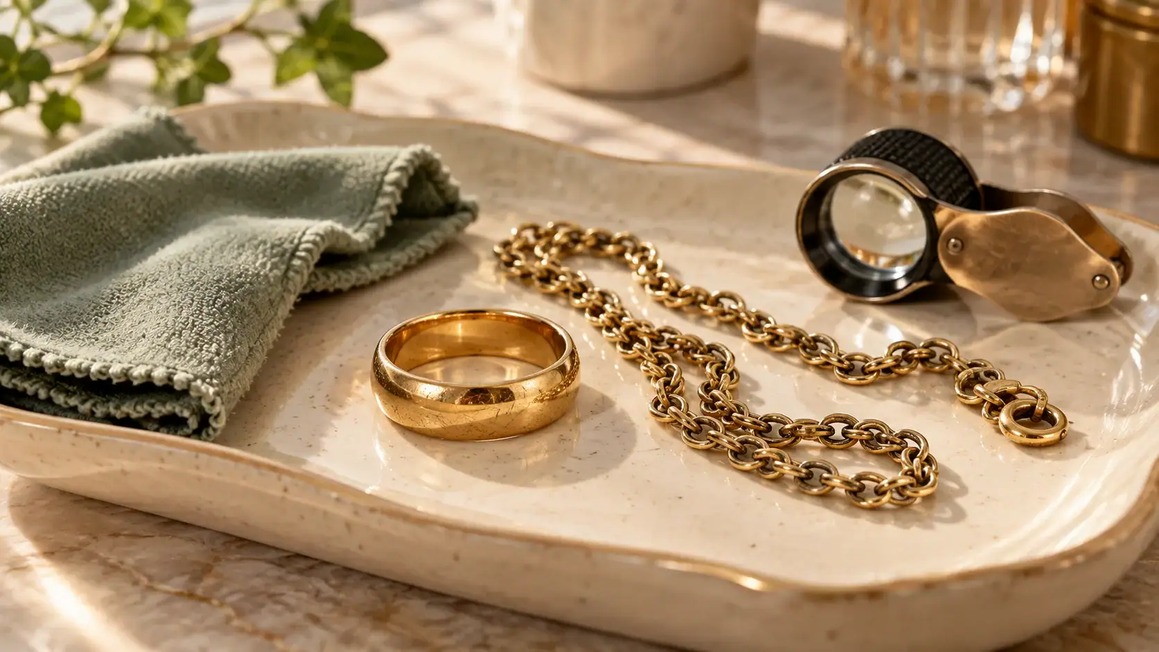 Gold ring and chain with subtle tarnish beside a soft cloth and jeweller’s loupe