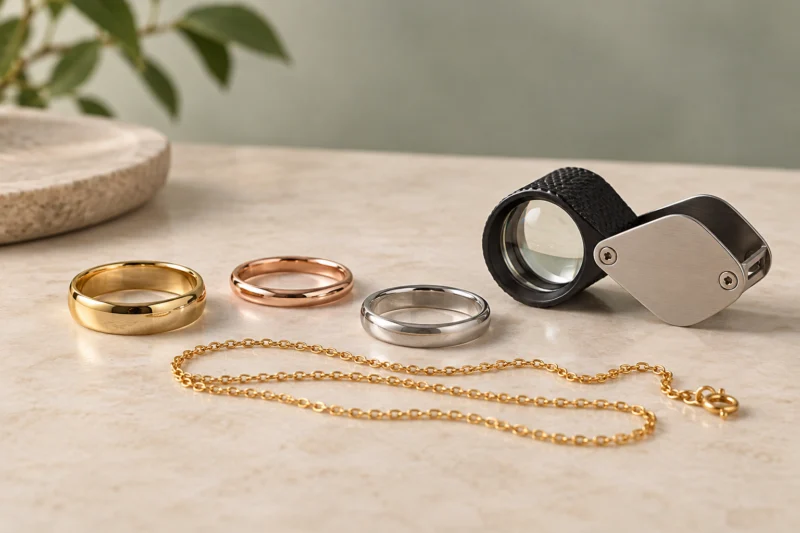 Illustration of yellow, rose and silver-coloured rings, a chain and a jeweller’s loupe