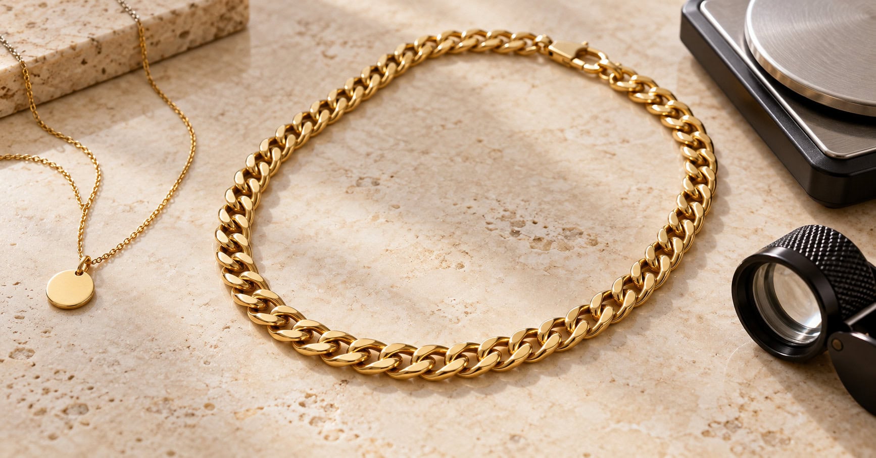 Gold chain and pendant necklace beside a jeweller’s loupe and weighing scale.
