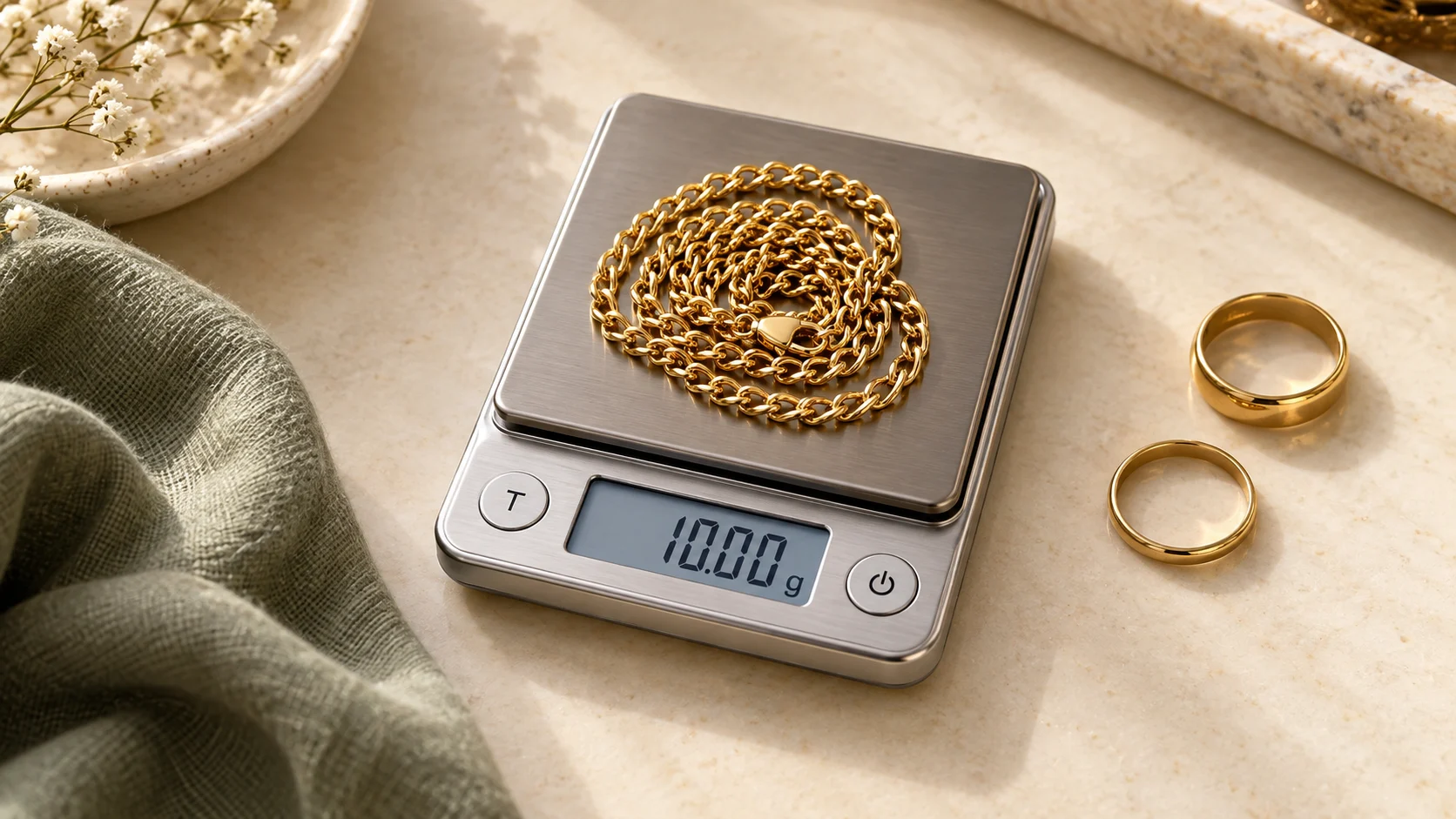 Weighing gold at home: a gold chain on digital jewellery scales